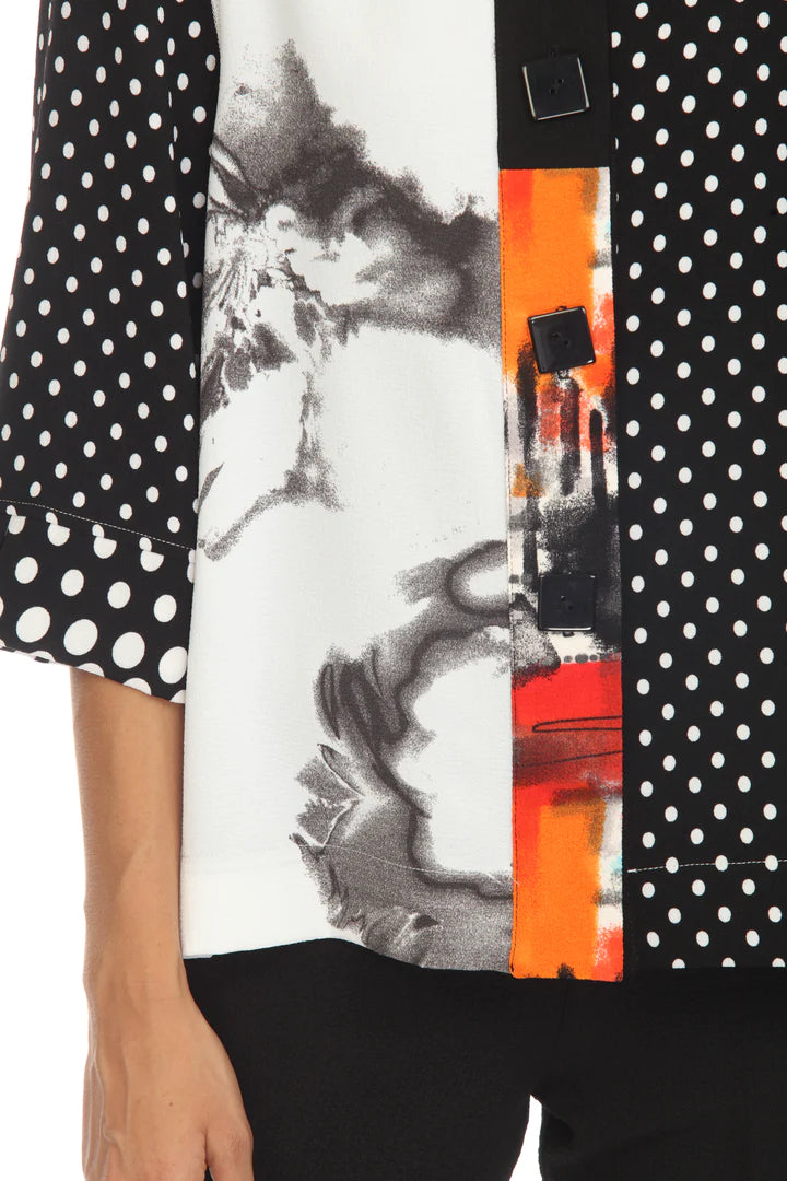 MOONLIGHT Button Down Marble & Black & White Mixed Pattern Dot Top - 3657