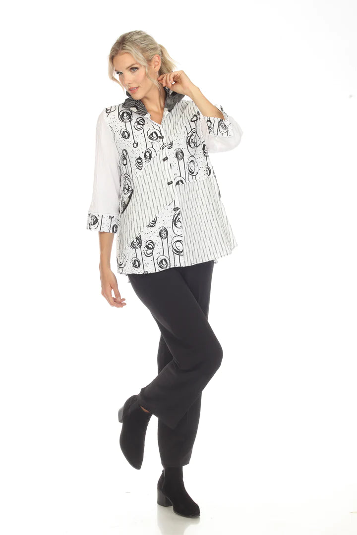 MOONLIGHT Button Down Black & White Mixed Pattern Top- 3699LG
