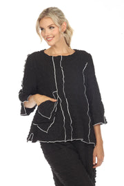 Moonlight Textured Piping Detail Top - 3706 - BLACK