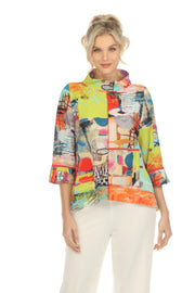 MOONLIGHT Textured Multicolor Artistic Print Stand Collar Top - 3872