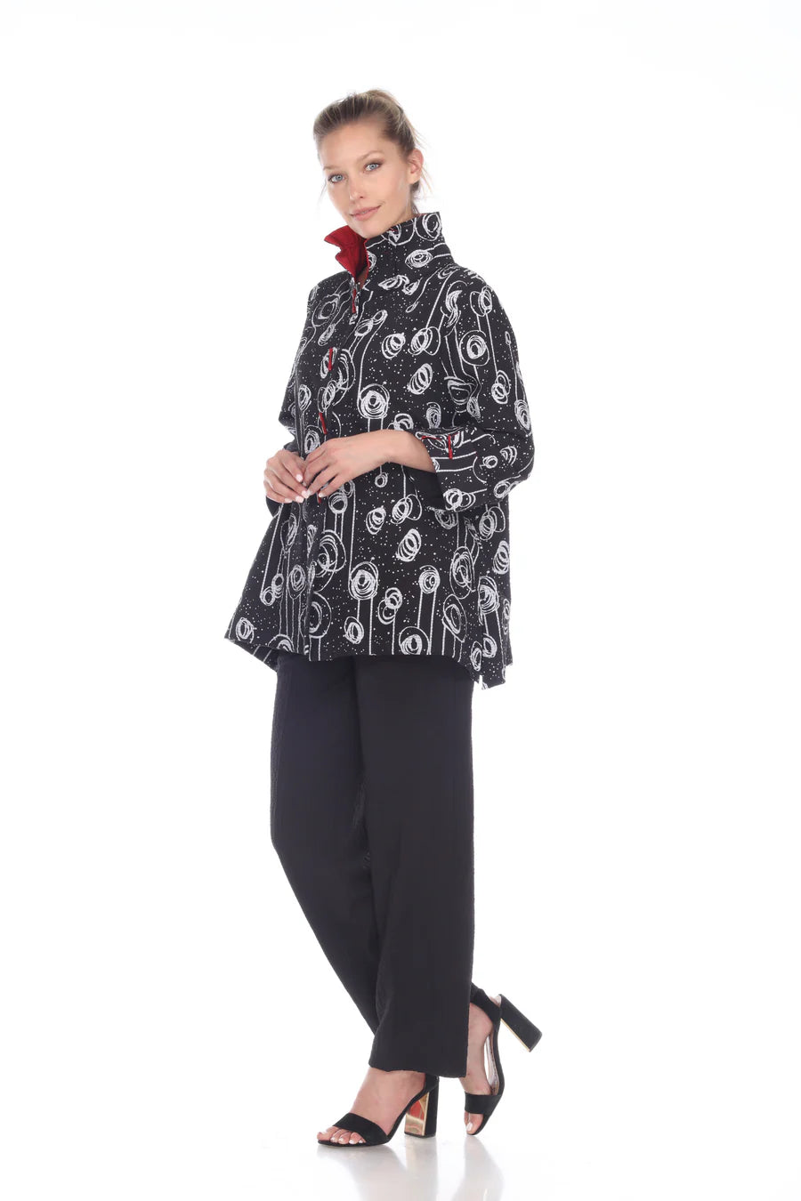 MOONLIGHT Button Down Black Swirl Pleated Zip Back Swing Shirt - 2417