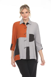 MOONLIGHT Textured Button Front Mixed Media Top - 4012