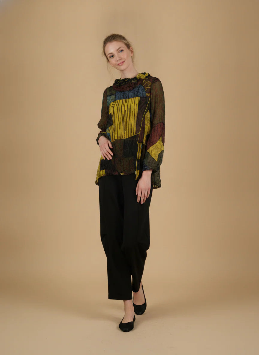 MOONLIGHT Multicolor Abstract Long Sleeve Crinkle Cowl Neck Top - 4283 - KIWI/MIX