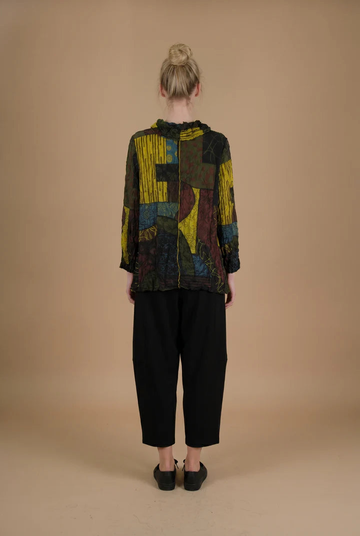 MOONLIGHT Multicolor Abstract Long Sleeve Crinkle Cowl Neck Top - 4283 - KIWI/MIX