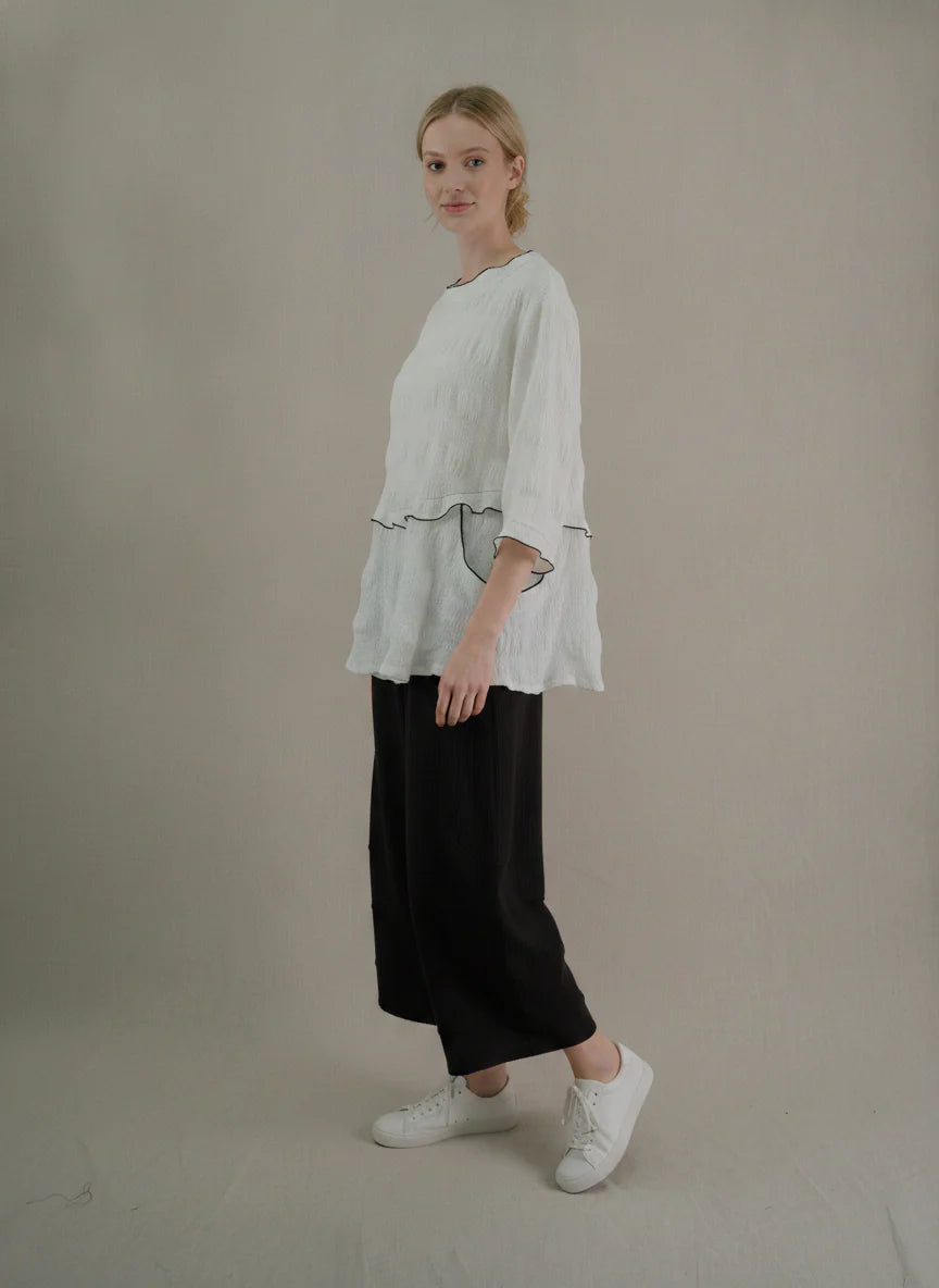 MOONLIGHT White Textured Top w/ Black Hem - 4289