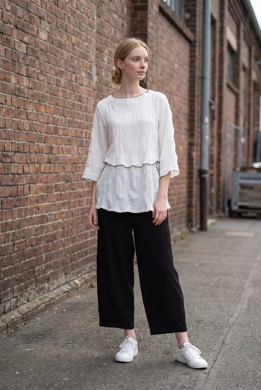 MOONLIGHT White Textured Top w/ Black Hem - 4289