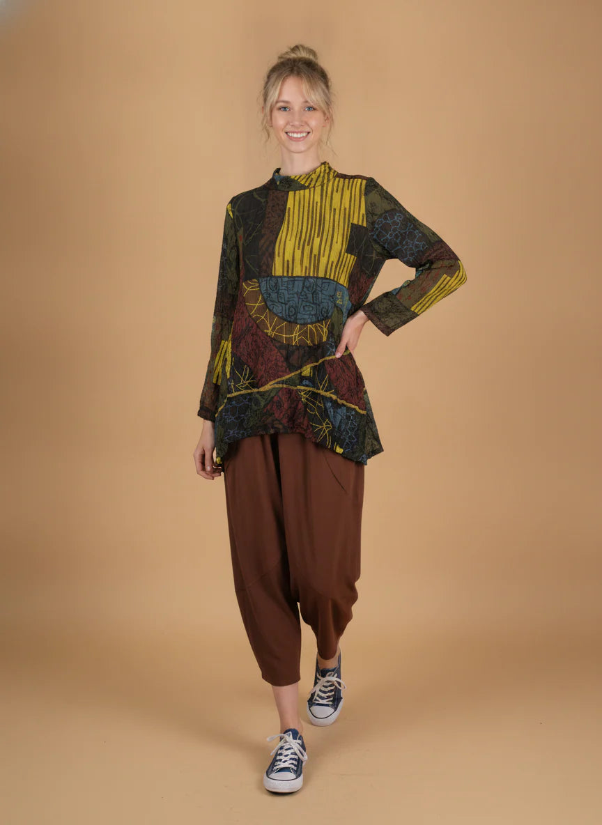 MOONLIGHT Multicolor Abstract Mock Neck Long Sleeve Top - 4293 - KIWI/MIX