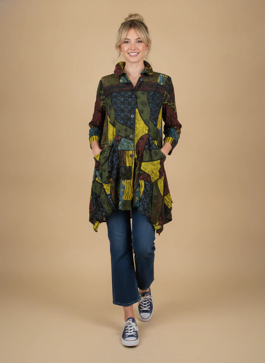 MOONLIGHT Long Multicolor Abstract Button Down Collar Jacket w/ Pockets  - 4296 - KIWI/MIX