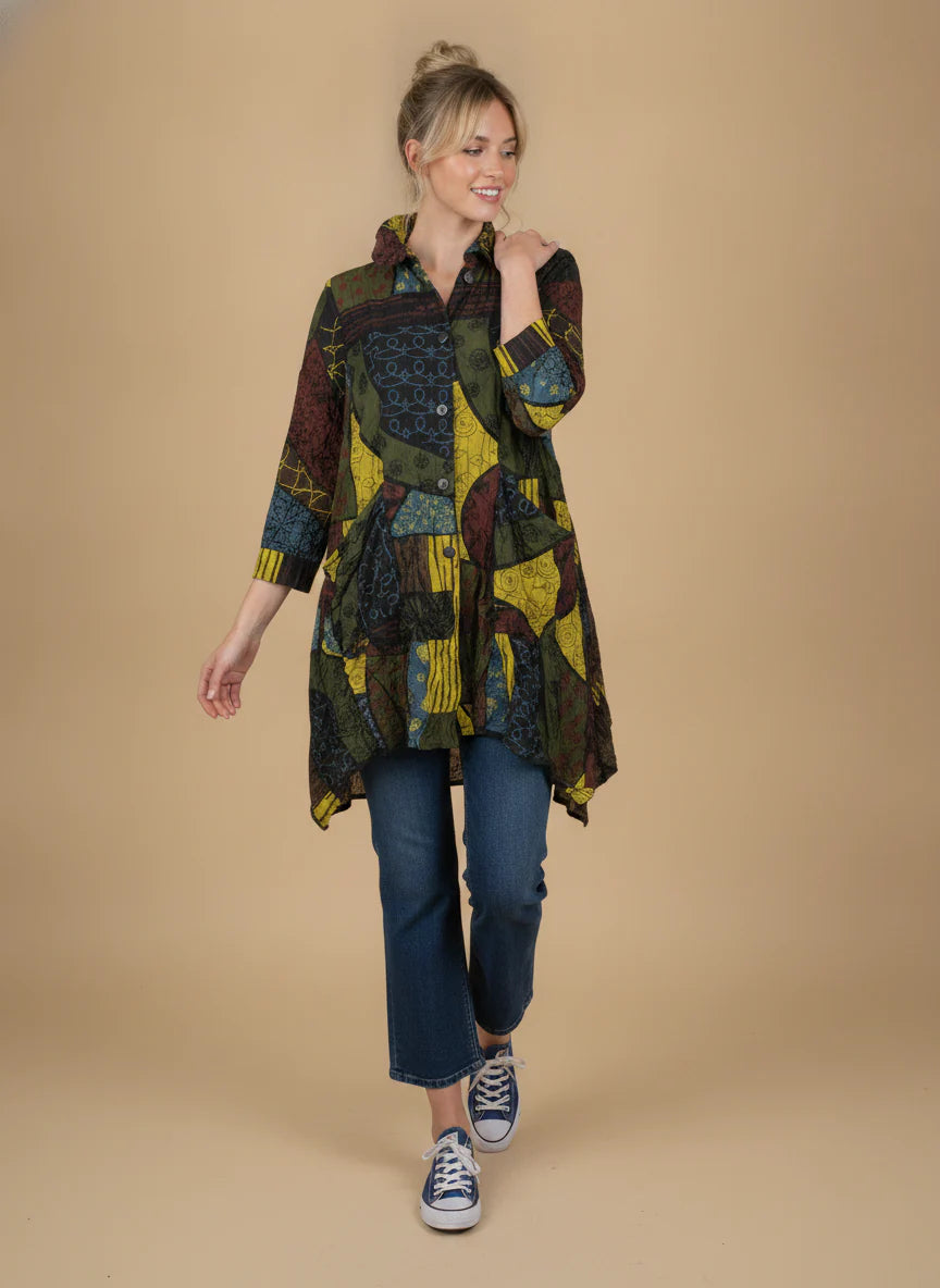 MOONLIGHT Long Kiwi Mix Abstract Button Down Collared Shirt - 4296 - KIWI/MIX