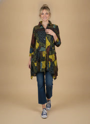 MOONLIGHT Long Multicolor Abstract Button Down Collar Jacket w/ Pockets  - 4296 - KIWI/MIX
