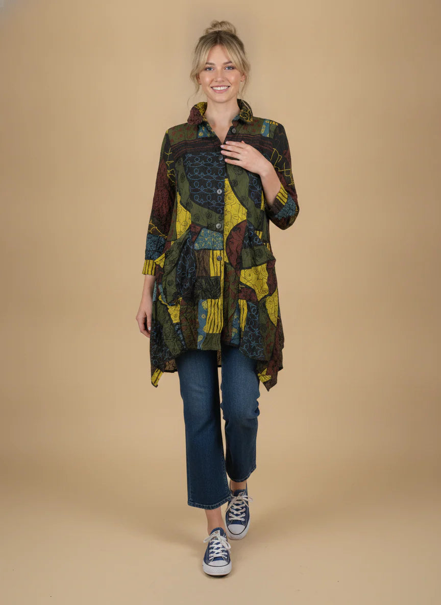 MOONLIGHT Long Multicolor Abstract Button Down Collar Jacket w/ Pockets  - 4296 - KIWI/MIX