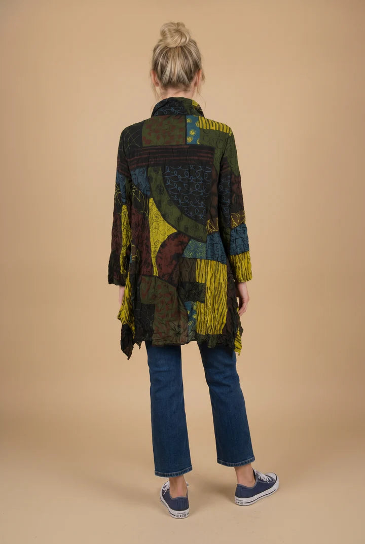 MOONLIGHT Long Multicolor Abstract Button Down Collar Jacket w/ Pockets  - 4296 - KIWI/MIX
