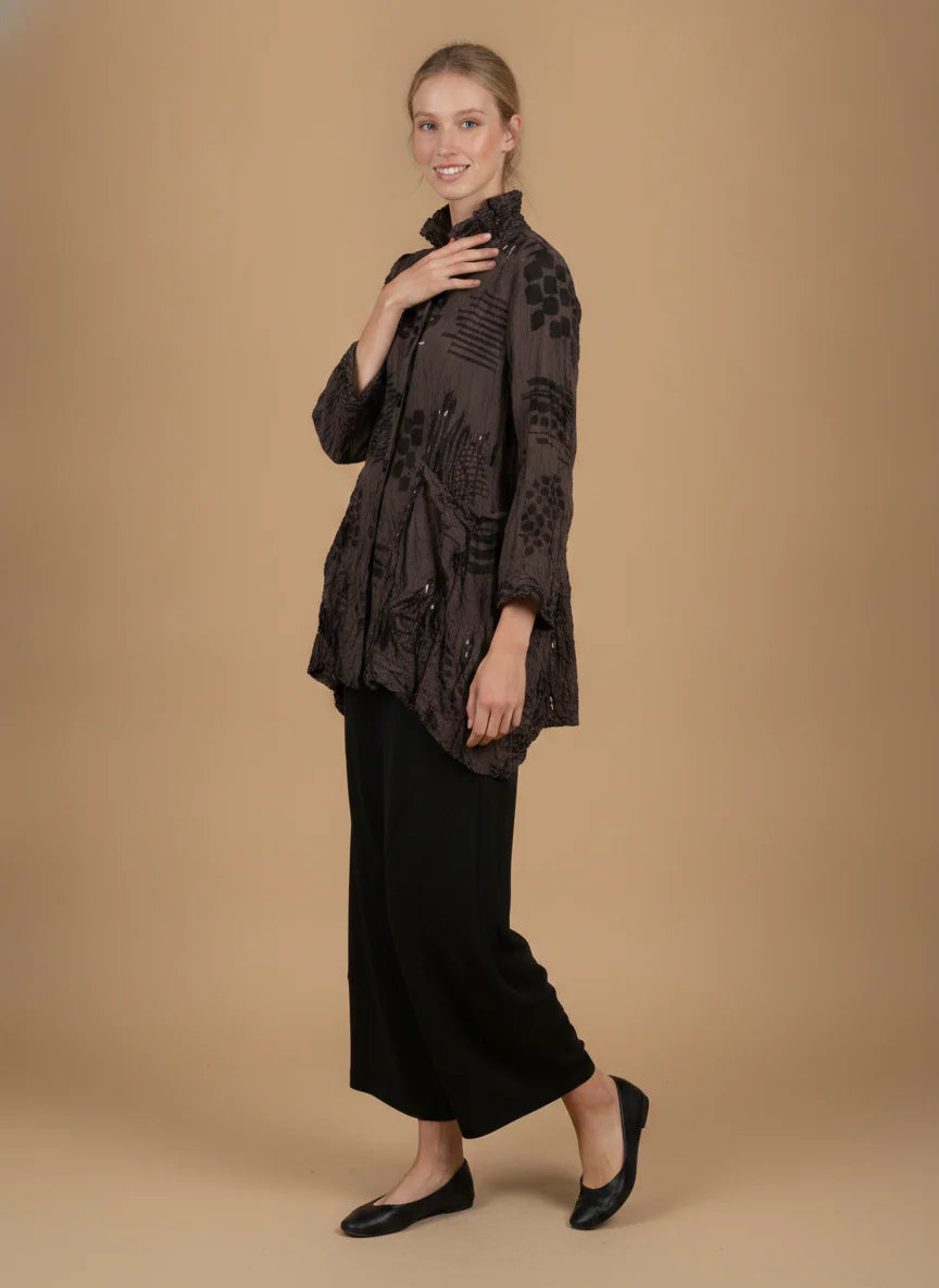 MOONLIGHT Long Multicolor Abstract Button Down Collar Jacket w/ Pockets  - 4296 - BROWN/BLACK