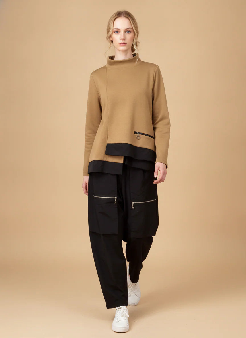 MOONLIGHT Asymmetric Wide Mock Neck Top w/ Zipper Pocket - 4297 - GRAY (NOT MUSTARD)