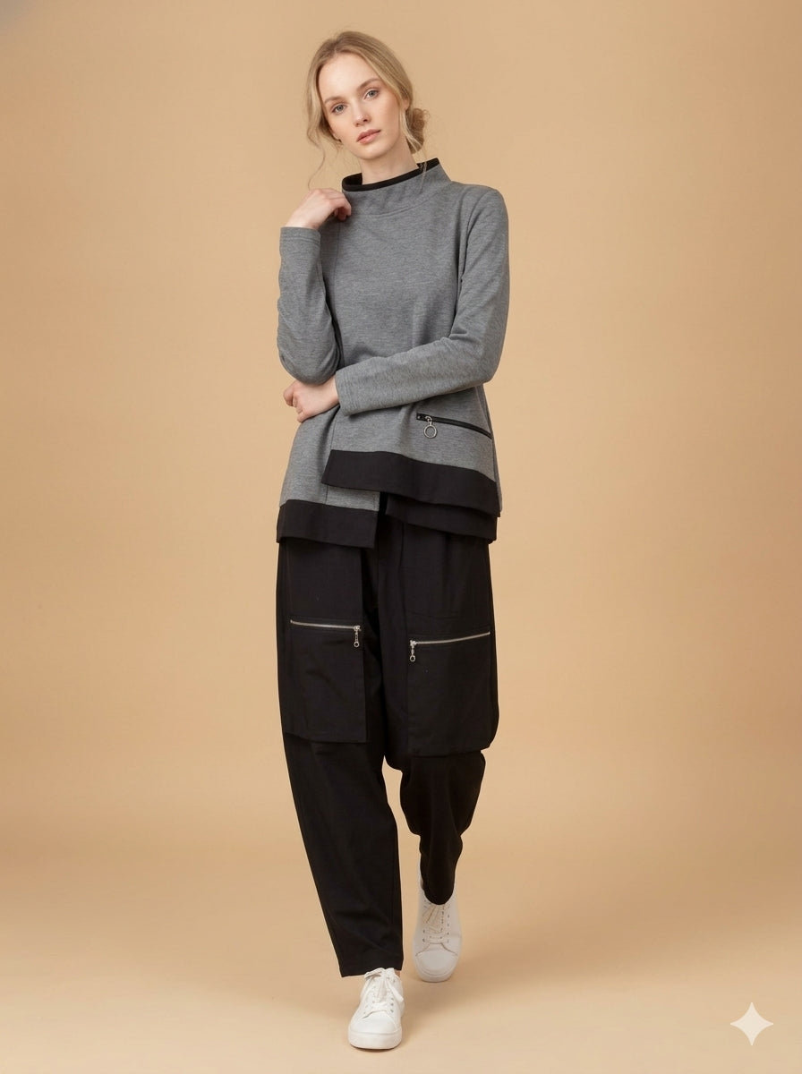 MOONLIGHT Asymmetric Wide Mock Neck Top w/ Zipper Pocket - 4297 - GRAY