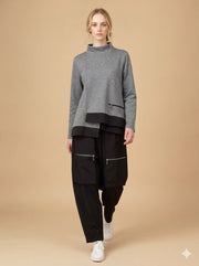 MOONLIGHT Asymmetric Wide Mock Neck Top w/ Zipper Pocket - 4297 - GRAY