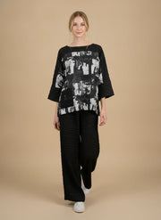 MOONLIGHT Black and White Abstract Boxy Top w/ 3/4 Sleeves - 4304