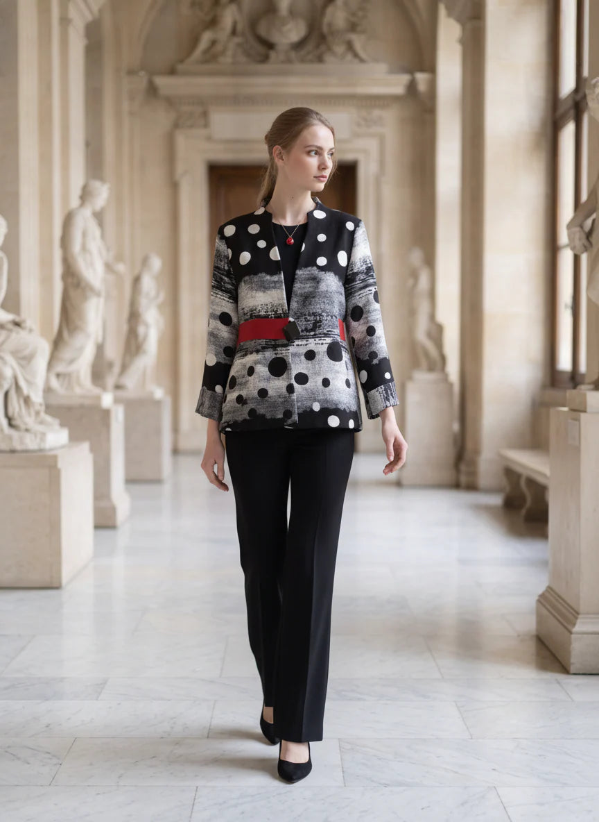 MOONLIGHT Black, Red, and White Abstract Dots One Button Jacket  - 4308