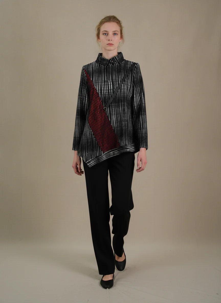 MOONLIGHT Black, Red, and White Asymmetric Mock Neck Long Sleeve Top - 4309