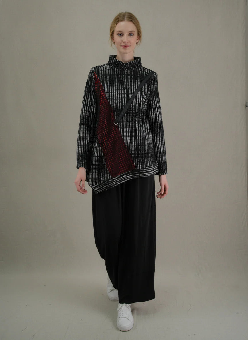 MOONLIGHT Black, Red, and White Asymmetric Mock Neck Long Sleeve Top - 4309