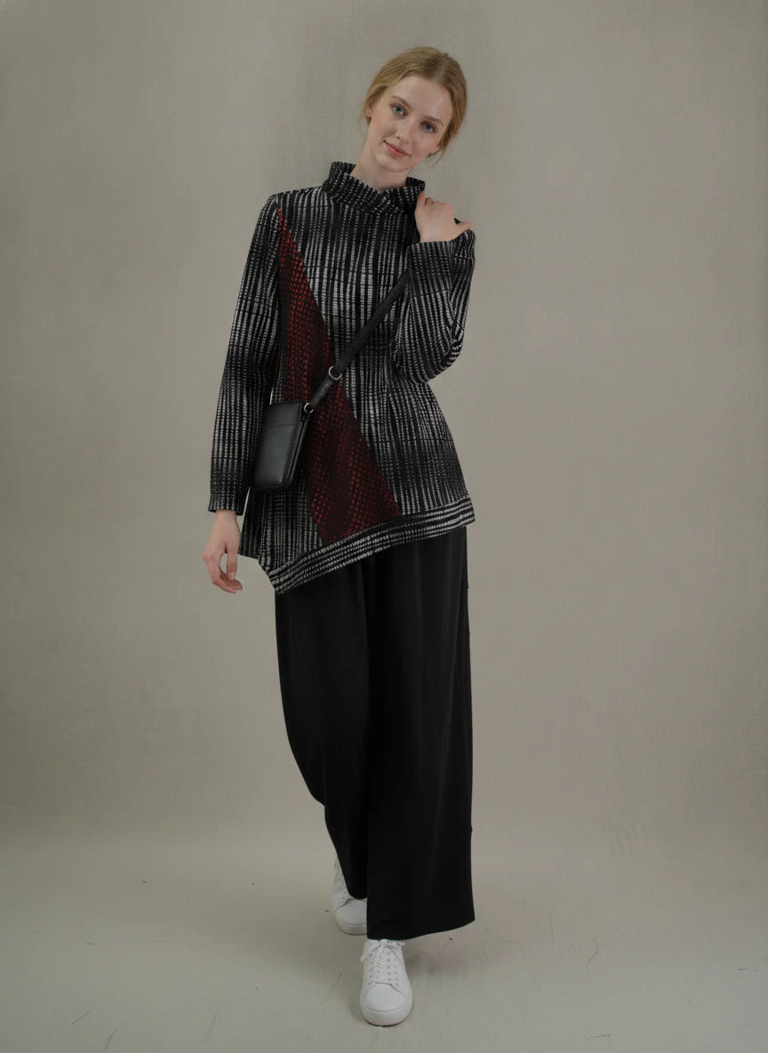 MOONLIGHT Black, Red, and White Asymmetric Mock Neck Long Sleeve Top - 4309
