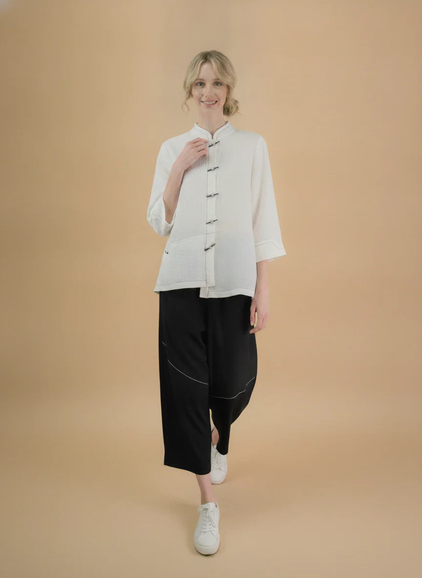 MOONLIGHT Ivory Long Mandarin Collar Button Down Jacket w/ 3/4 Sleeves - 4311NEW