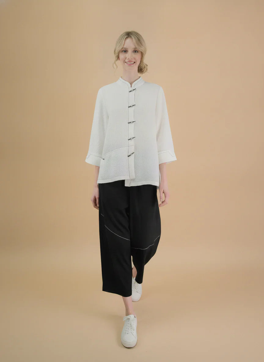 MOONLIGHT Ivory Long Mandarin Collar Button Down Jacket w/ 3/4 Sleeves - 4311NEW