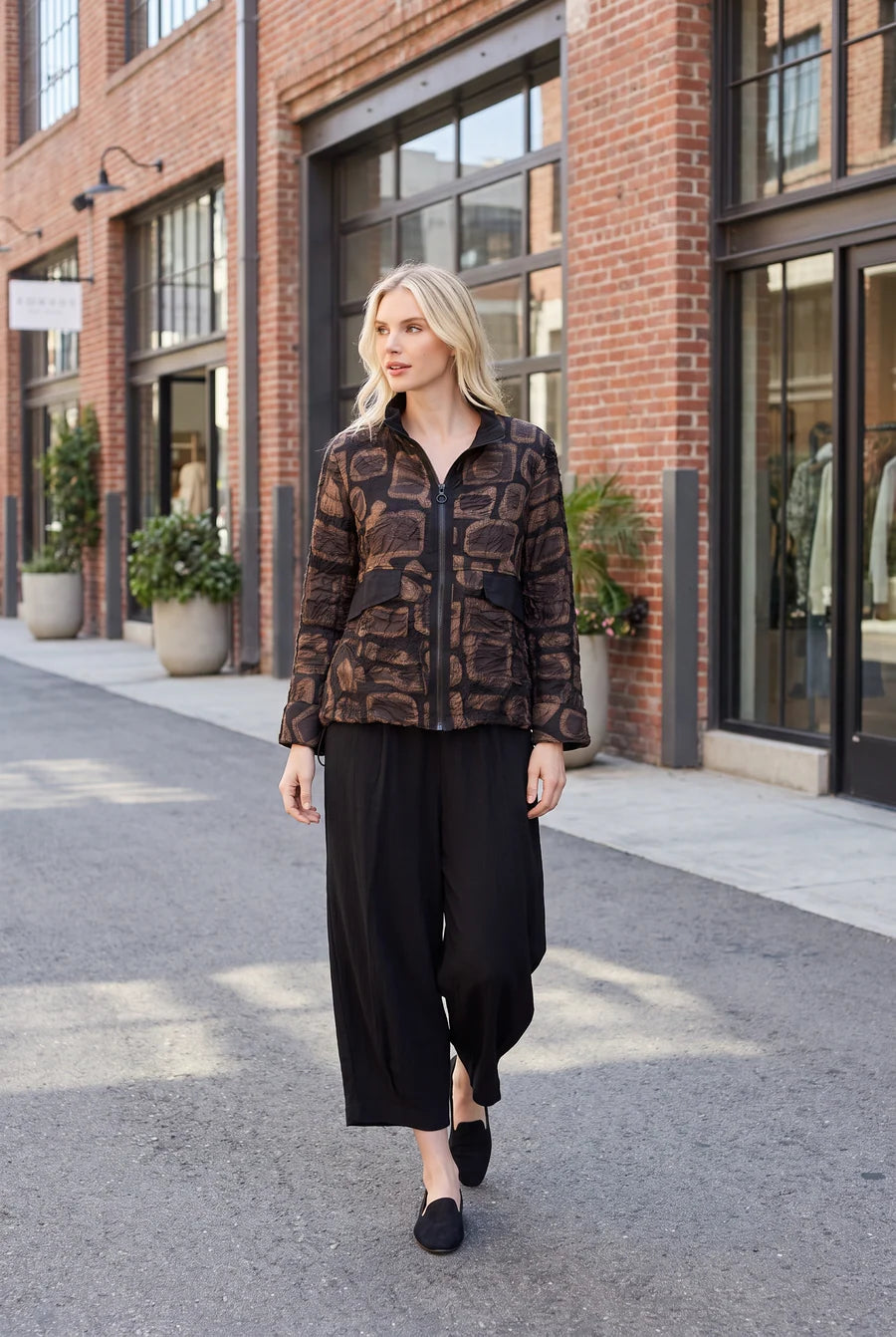 MOONLIGHT Brown and Black Abstract Zip Up Top - 4312 - BROWN/BLACK
