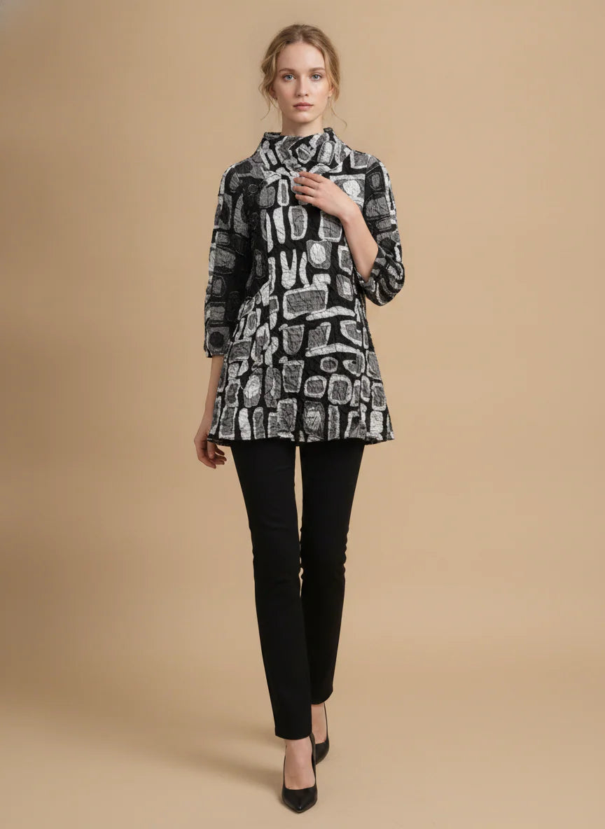 MOONLIGHT Black and Grey Abstract Long Wide Mock Neck Top w/ 3/4 Sleeves - 4313