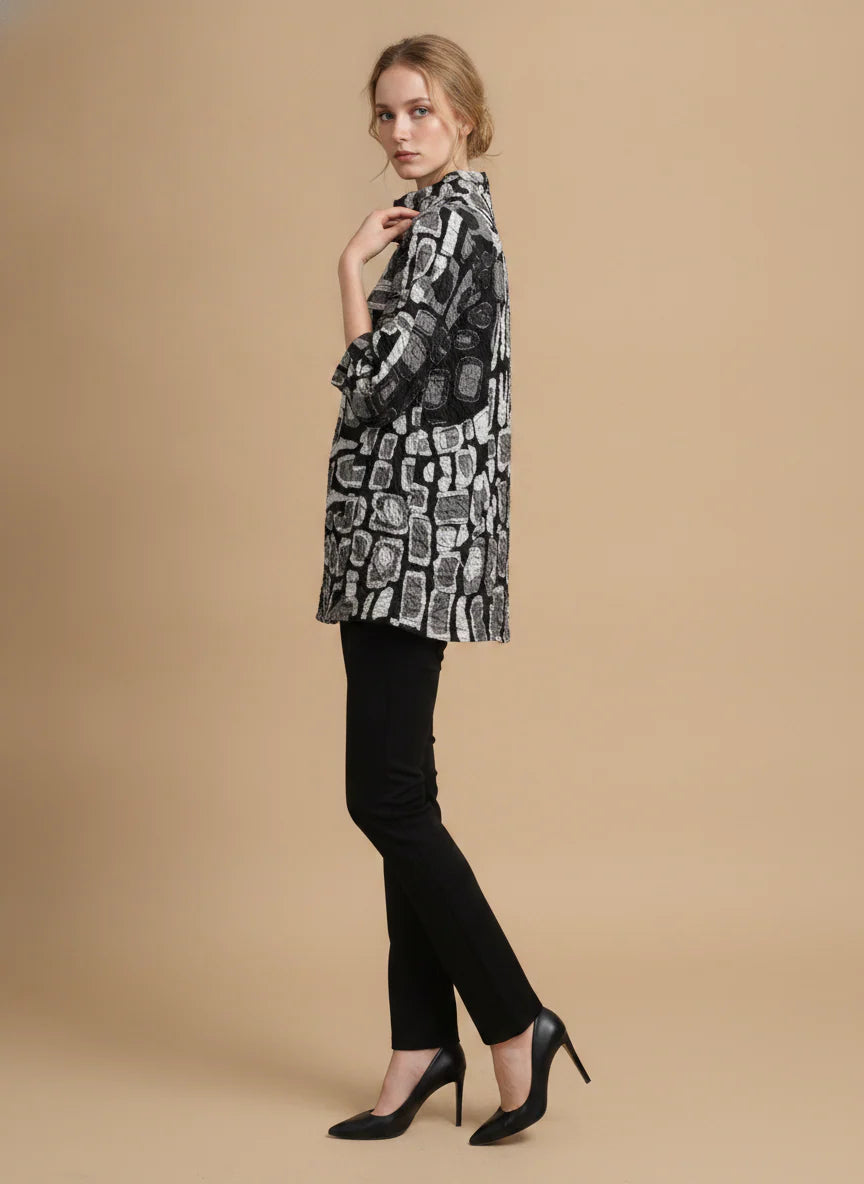 MOONLIGHT Black and Grey Abstract Long Wide Mock Neck Top w/ 3/4 Sleeves - 4313