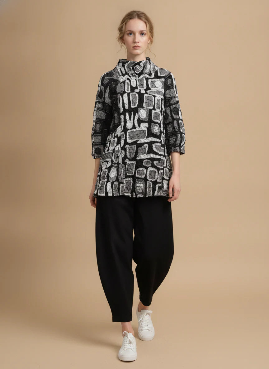 MOONLIGHT Black and Grey Abstract Long Wide Mock Neck Top w/ 3/4 Sleeves - 4313