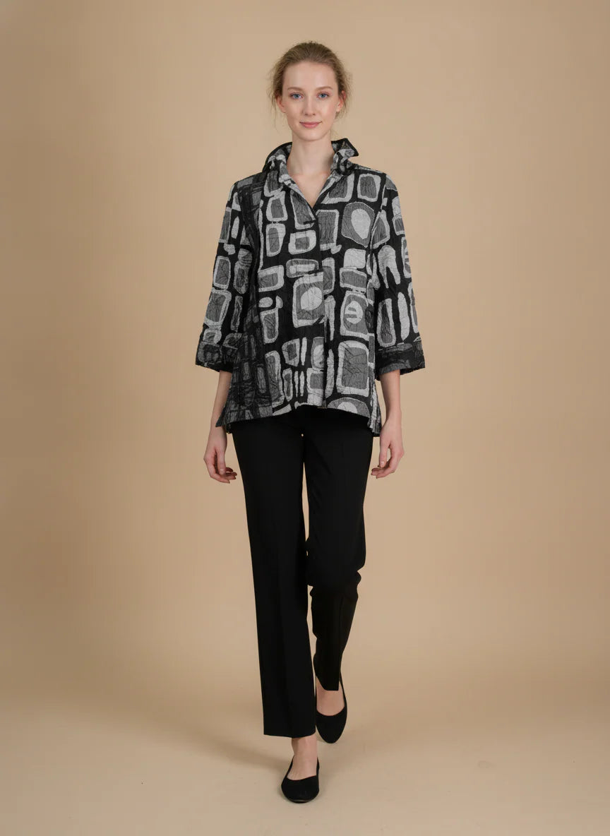 MOONLIGHT Geometric Pattern High Collar Button Down Jacket - 4315 - BROWN/BLACK (NOT SILVER/BLACK)