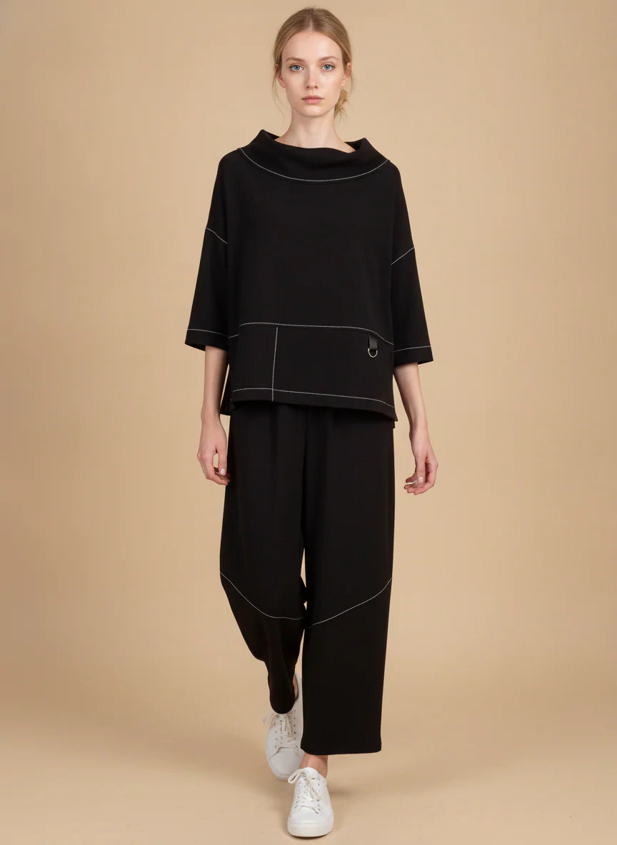 MOONLIGHT Black w/ White Detailing Wide Neck Top w/ 3/4 Sleeves - 4316