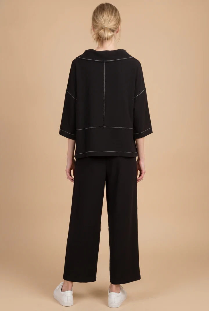 MOONLIGHT Black w/ White Detailing Wide Neck Top w/ 3/4 Sleeves - 4316