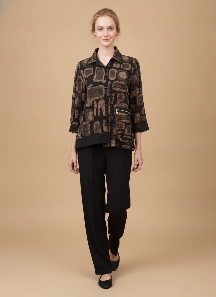MOONLIGHT Brown and Black Abstract Button Down Collared Jacket - 4317 - BROWN/BLACK