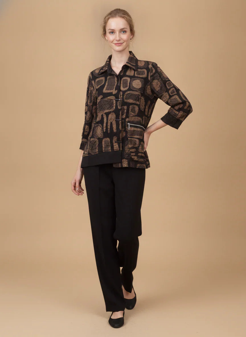 MOONLIGHT Brown and Black Abstract Button Down Collared Jacket - 4317 - BROWN/BLACK