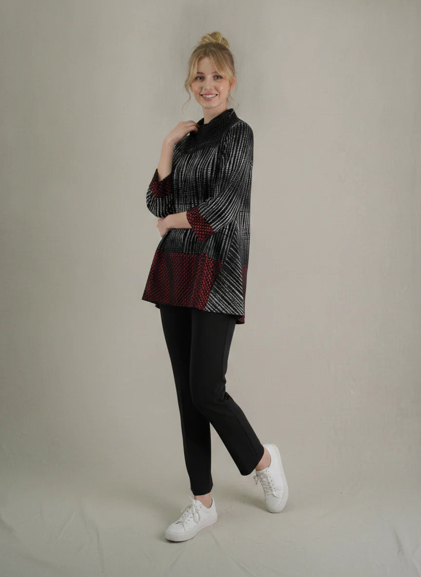 MOONLIGHT Black, White and Red Mesh Cow Neck Top w/ 3/4 Sleeves Top - 4319