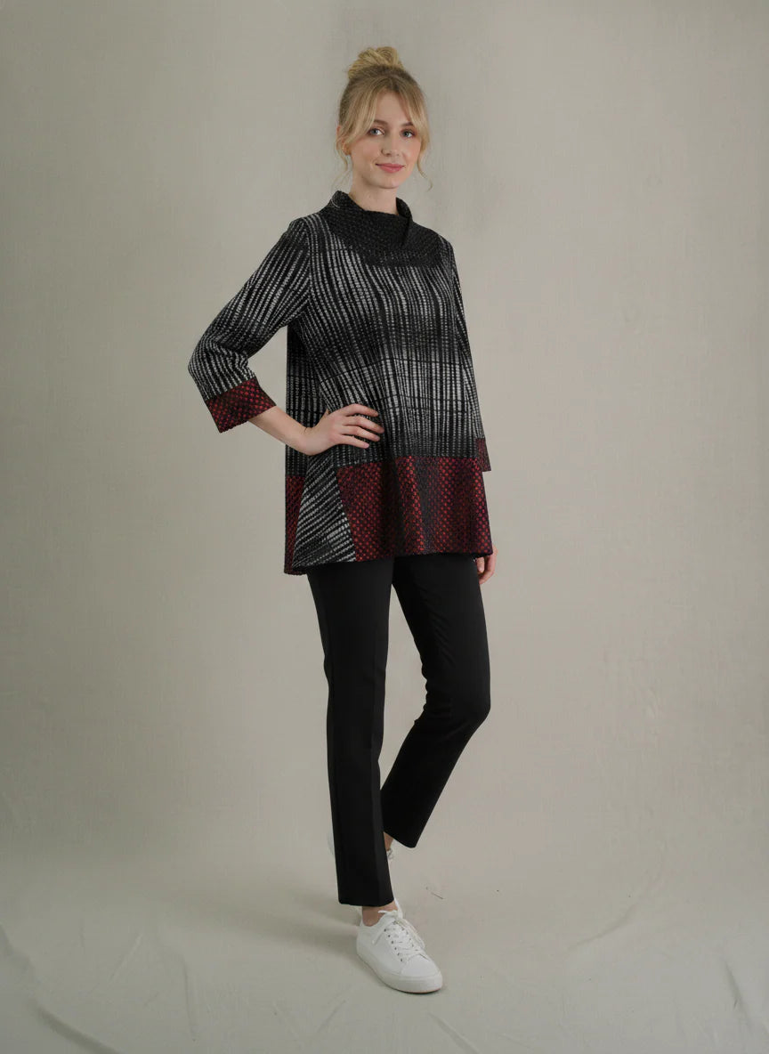 MOONLIGHT Black, White and Red Mesh Cow Neck Top w/ 3/4 Sleeves Top - 4319