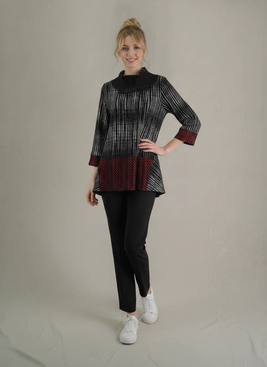 MOONLIGHT Black, White and Red Mesh Cow Neck Top w/ 3/4 Sleeves Top - 4319