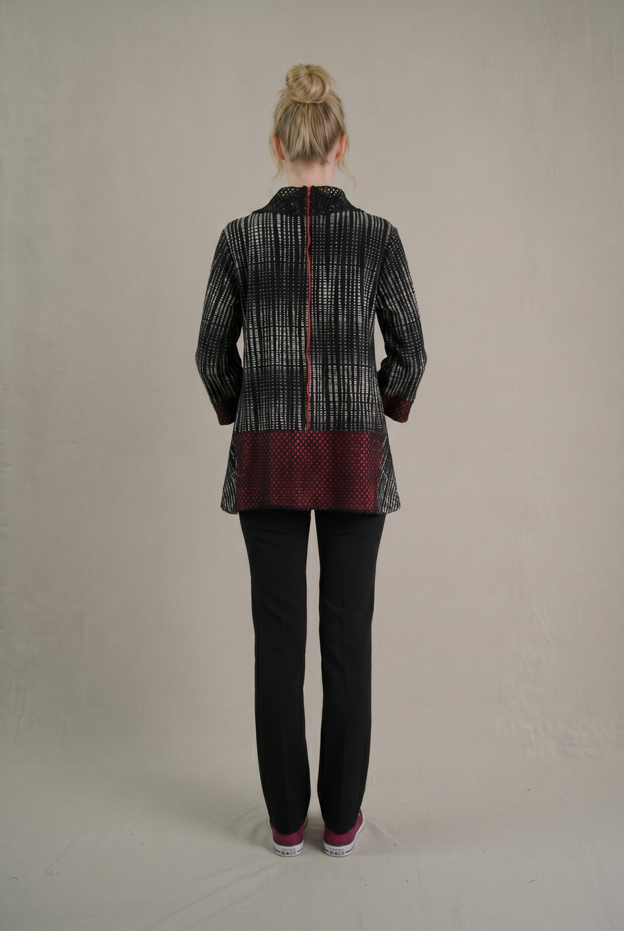 MOONLIGHT Black, White and Red Mesh Cow Neck Top w/ 3/4 Sleeves Top - 4319