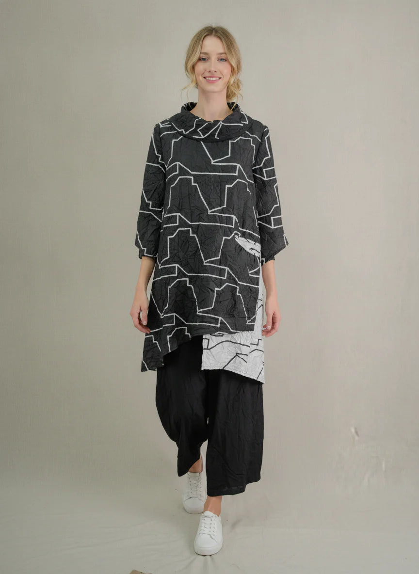 MOONLIGHT Geometric Patterned Mock Neck Top w/ Asymmetrical Hem and 3/4 Sleeves - 4323