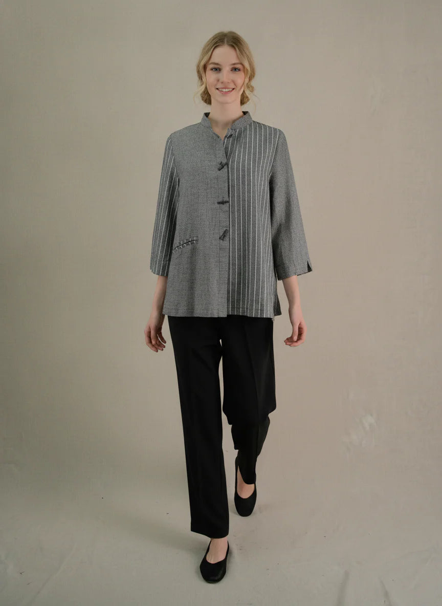 MOONLIGHT Grey Button Down Mandarin Collar Jacket w/ White Stripes - 4326