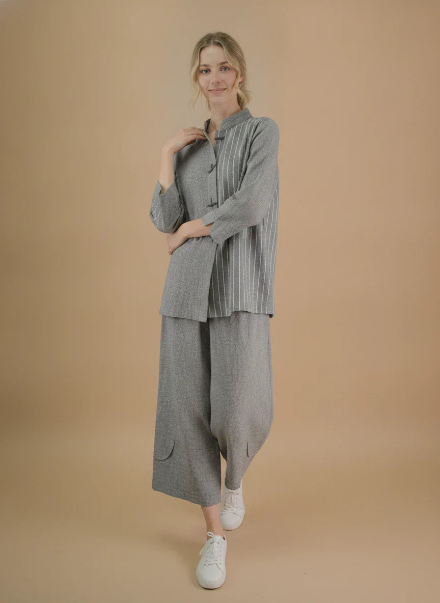 MOONLIGHT Grey Button Down Mandarin Collar Jacket w/ White Stripes - 4326