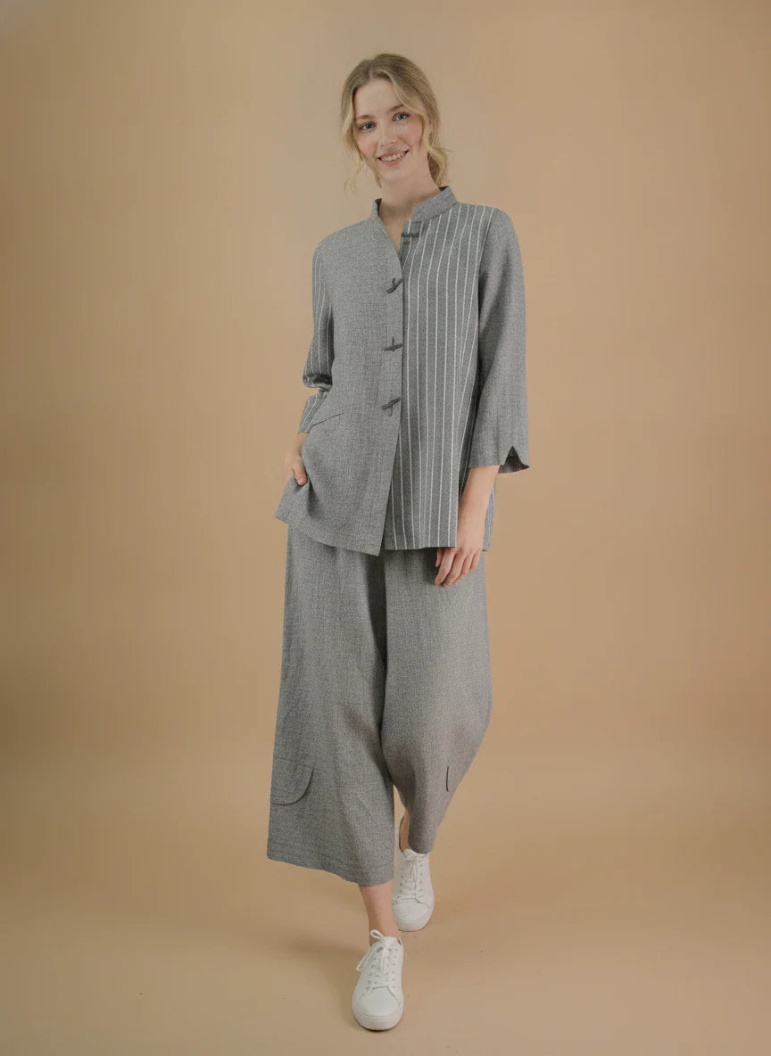 MOONLIGHT Grey Button Down Mandarin Collar Jacket w/ White Stripes - 4326
