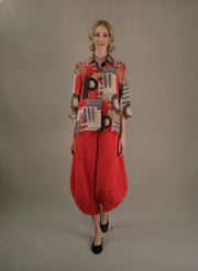 MOONLIGHT Multicolor Abstract Red Button Down Collared Jacket w/ 3/4 Sleeves - 4329
