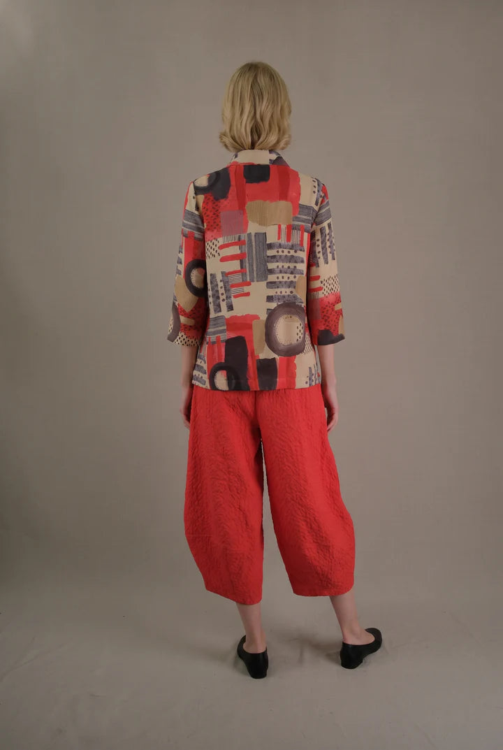 MOONLIGHT Multicolor Abstract Red Button Down Collared Jacket w/ 3/4 Sleeves - 4329