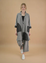 MOONLIGHT Long Grey One Button Collar Jacket with Mesh Pocket and 3/4 Sleeves - 4331