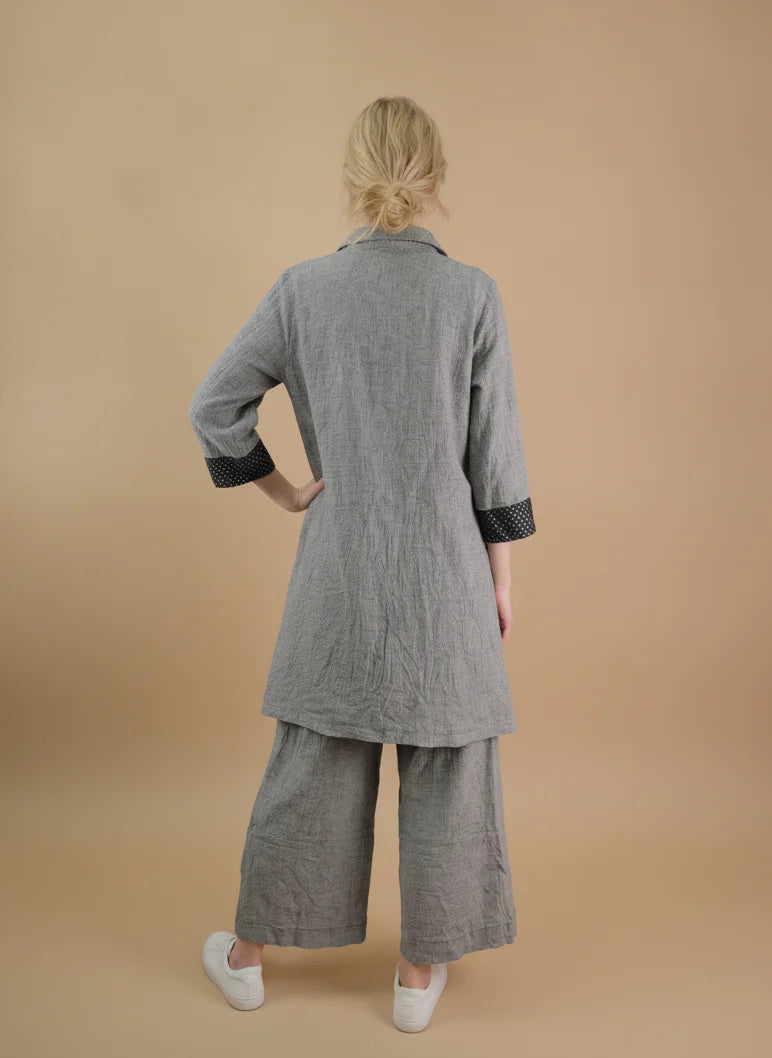 MOONLIGHT Long Grey One Button Collar Jacket with Mesh Pocket and 3/4 Sleeves - 4331
