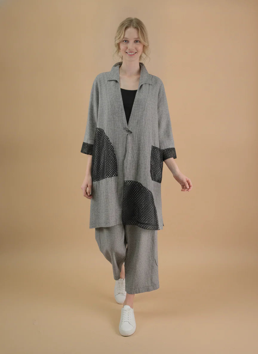MOONLIGHT Long Grey One Button Collar Jacket with Mesh Pocket and 3/4 Sleeves - 4331
