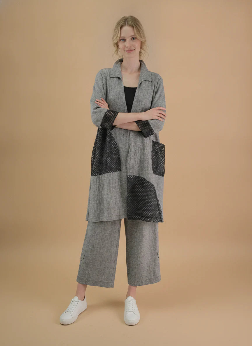 MOONLIGHT Long Grey One Button Collar Jacket with Mesh Pocket and 3/4 Sleeves - 4331